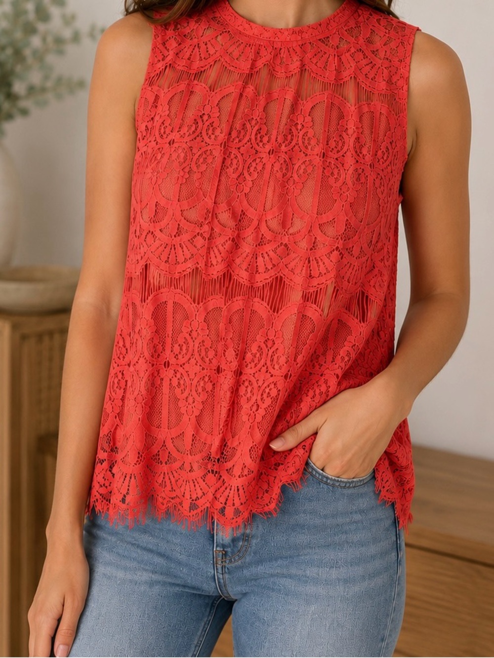 Love Fire Orange Lace Overlay Tank Top